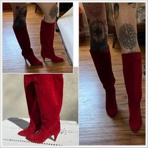 Vintage Suede Boots Size 8 Italian Red Leather Suede Knee High Stiletto Heel 3.2